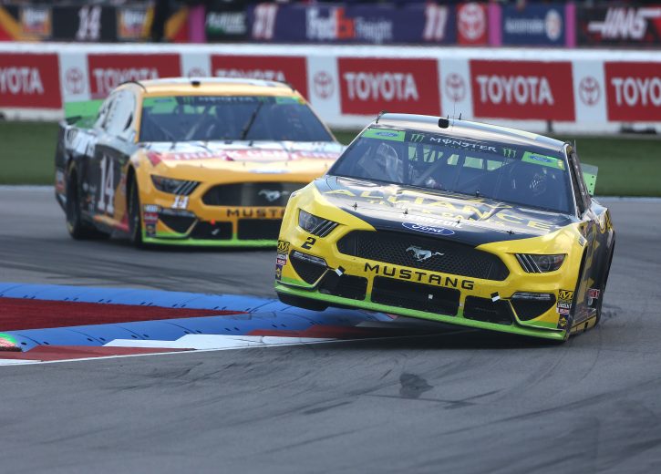 CHARLOTTE, NORTH CAROLINA - SEPTEMBER 29: Brad Keselowski, driver of the #2 Alliance Truck Parts Ford, leads a pack of cars during the Monster Energy NASCAR Cup Series Bank of America ROVAL 400 at Charlotte Motor Speedway on September 29, 2019 in Charlotte, North Carolina. (Photo by Brian Lawdermilk/Getty Images) | Getty Images