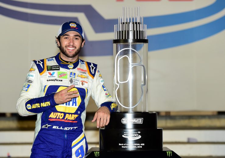 CHARLOTTE, NORTH CAROLINA - SEPTEMBER 29: Chase Elliott, driver of the #9 NAPA Auto Parts Chevrolet, poses with the trophy in Victory Lane after winning the Monster Energy NASCAR Cup Series Bank of America ROVAL 400 at Charlotte Motor Speedway on September 29, 2019 in Charlotte, North Carolina. (Photo by Jared C. Tilton/Getty Images) | Getty Images