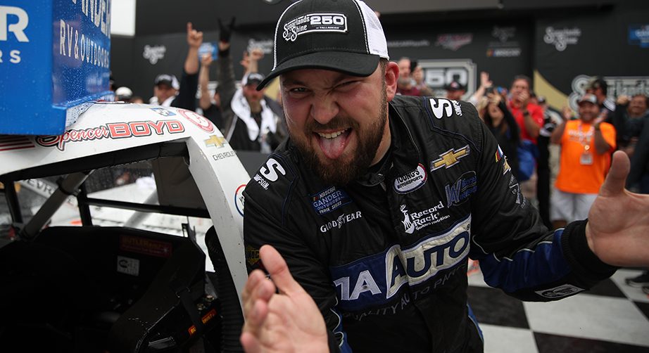 TALLADEGA, ALABAMA - OCTOBER 12: Spencer Boyd, driver of the #20 Alabama Roofing Professionals Chevrolet, celebrates in victory lane after winning the NASCAR Gander Outdoor Truck Series Sugarlands Shine 250 at Talladega Superspeedway on October 12, 2019 in Talladega, Alabama. (Photo by Chris Graythen/Getty Images) | Getty Images