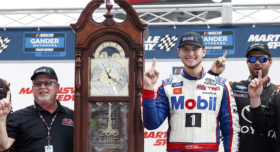MARTINSVILLE, VIRGINIA - OCTOBER 26: Todd Gilliland, driver of the #4 Mobil 1 Toyota, celebrates in Victory Lane after winning the NASCAR Gander Outdoor Truck Series NASCAR Hall of Fame 200 at Martinsville Speedway on October 26, 2019 in Martinsville, Virginia. (Photo by Brian Lawdermilk/Getty Images) | Getty Images