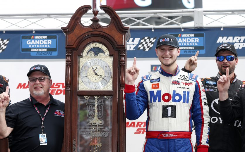 MARTINSVILLE, VIRGINIA - OCTOBER 26: Todd Gilliland, driver of the #4 Mobil 1 Toyota, celebrates in Victory Lane after winning the NASCAR Gander Outdoor Truck Series NASCAR Hall of Fame 200 at Martinsville Speedway on October 26, 2019 in Martinsville, Virginia. (Photo by Brian Lawdermilk/Getty Images) | Getty Images