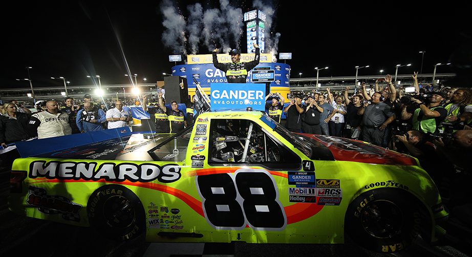 HOMESTEAD, FLORIDA - NOVEMBER 15: Matt Crafton, driver of the #88 Jack Links/Menards Ford, celebrates winning the NASCAR Gander Outdoors Truck Series Championship at Homestead-Miami Speedway on November 15, 2019 in Homestead, Florida. (Photo by Chris Graythen/Getty Images) | Getty Images