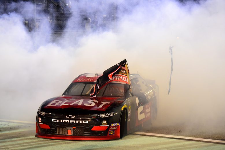 HOMESTEAD, FLORIDA - NOVEMBER 16: Tyler Reddick, driver of the #2 Tame the Beast Chevrolet, celebrates with a burnout after winning the NASCAR Xfinity Series Ford EcoBoost 300 and the NASCAR Xfinity Series Championship at Homestead-Miami Speedway on November 16, 2019 in Homestead, Florida. (Photo by Jared C. Tilton/Getty Images) | Getty Images