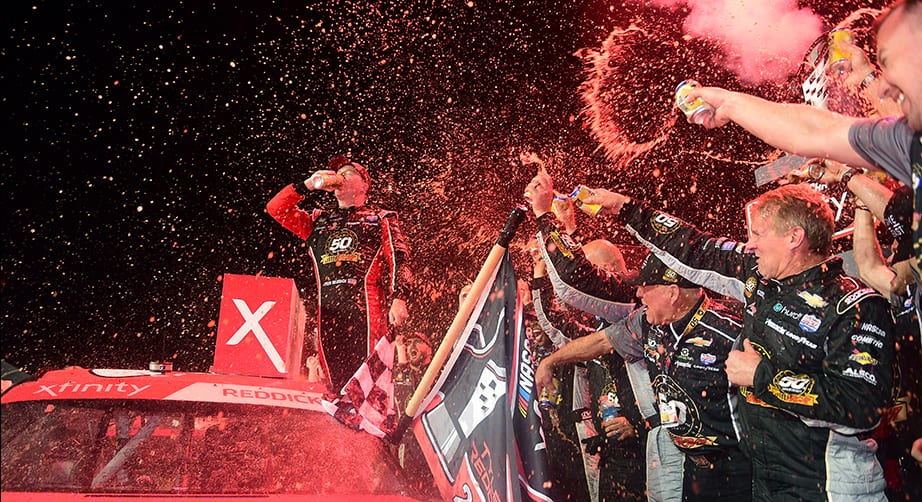 HOMESTEAD, FLORIDA - NOVEMBER 16: Tyler Reddick, driver of the #2 Tame the Beast Chevrolet, celebrates in Victory Lane after winning the NASCAR Xfinity Series Ford EcoBoost 300 and the NASCAR Xfinity Series Championship at Homestead-Miami Speedway on November 16, 2019 in Homestead, Florida. (Photo by Jared C. Tilton/Getty Images) | Getty Images