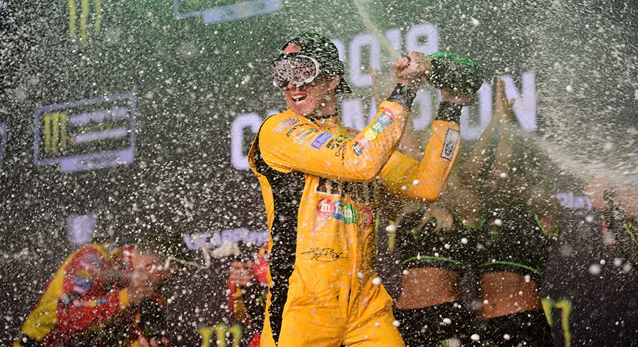 HOMESTEAD, FLORIDA - NOVEMBER 17: Kyle Busch, driver of the #18 M&M's Toyota, celebrates in Victory Lane after winning the Monster Energy NASCAR Cup Series Ford EcoBoost 400 and the Monster Energy NASCAR Cup Series Championship at Homestead Speedway on November 17, 2019 in Homestead, Florida. (Photo by Jared C. Tilton/Getty Images) | Getty Images