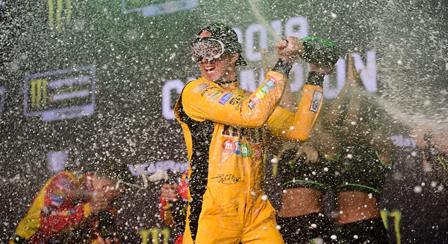 HOMESTEAD, FLORIDA - NOVEMBER 17: Kyle Busch, driver of the #18 M&M's Toyota, celebrates in Victory Lane after winning the Monster Energy NASCAR Cup Series Ford EcoBoost 400 and the Monster Energy NASCAR Cup Series Championship at Homestead Speedway on November 17, 2019 in Homestead, Florida. (Photo by Jared C. Tilton/Getty Images) | Getty Images