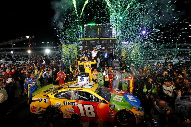 HOMESTEAD, FLORIDA - NOVEMBER 17: Kyle Busch, driver of the #18 M&M's Toyota, celebrates in Victory Lane after winning the Monster Energy NASCAR Cup Series Ford EcoBoost 400 and the Monster Energy NASCAR Cup Series Championship at Homestead Speedway on November 17, 2019 in Homestead, Florida. (Photo by Jonathan Ferrey/Getty Images) | Getty Images