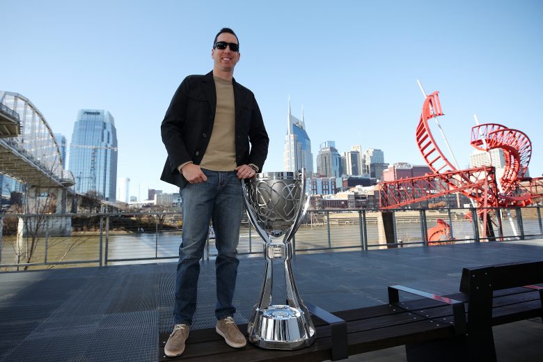 NASHVILLE, TENNESSEE - DECEMBER 04: Monster Energy NASCAR Cup Series Champion Kyle Busch poses for a photo with the Championship Trophy on December 04, 2019 in Nashville, Tennessee. (Photo by Chris Graythen/Getty Images) | Getty Images