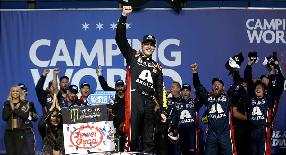 JOLIET, ILLINOIS - JUNE 30: Alex Bowman, driver of the #88 Axalta Chevrolet, celebrates in Victory Lane after winning the Monster Energy NASCAR Cup Series Camping World 400 at Chicagoland Speedway on June 30, 2019 in Joliet, Illinois. (Photo by Matt Sullivan/Getty Images) | Getty Images