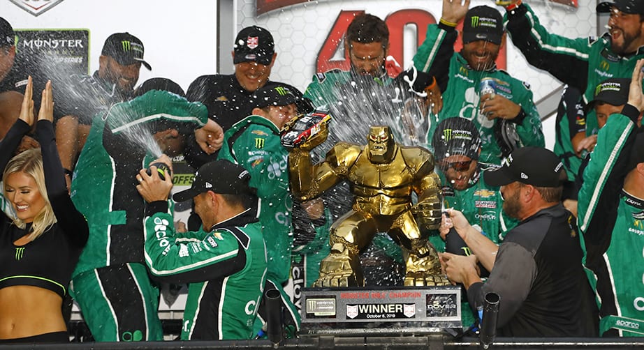 DOVER, DELAWARE - OCTOBER 06: Kyle Larson, driver of the #42 Clover Chevrolet, celebrates in Victory Lane after winning the Monster Energy NASCAR Cup Series Drydene 400 at Dover International Speedway on October 06, 2019 in Dover, Delaware. (Photo by Jeff Zelevansky/Getty Images)