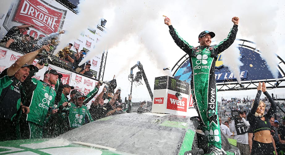DOVER, DELAWARE - OCTOBER 06: Kyle Larson, driver of the #42 Clover Chevrolet, celebrates in Victory Lane after winning the Monster Energy NASCAR Cup Series Drydene 400 at Dover International Speedway on October 06, 2019 in Dover, Delaware. (Photo by Matt Sullivan/Getty Images) | Getty Images