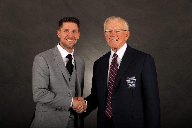 CHARLOTTE, NORTH CAROLINA - JANUARY 31: 2020 NASCAR Hall of Fame Inductee, Joe Gibbs, poses for a portrait with Denny Hamlin during the 2020 NASCAR Hall of Fame Induction Ceremony at the Charlotte Convention Center on January 31, 2020 in Charlotte, North Carolina. (Photo by Streeter Lecka/Getty Images) | Getty Images