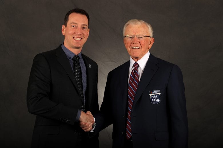 CHARLOTTE, NORTH CAROLINA - JANUARY 31: 2020 NASCAR Hall of Fame Inductee, Joe Gibbs, poses for a portrait with Kyle Busch during the 2020 NASCAR Hall of Fame Induction Ceremony at the Charlotte Convention Center on January 31, 2020 in Charlotte, North Carolina. (Photo by Streeter Lecka/Getty Images) | Getty Images
