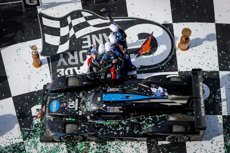 #10 Konica Minolta Cadillac DPi-V.R. Cadillac DPi, DPi: Renger Van Der Zande, Ryan Briscoe, Scott Dixon, Kamui Kobayashi celebrates winning the Rolex 24 At Daytona