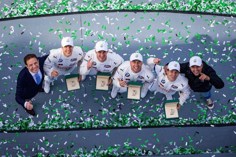 #24 BMW Team RLL BMW M8 GTE, GTLM: John Edwards, Augusto Farfus, Chaz Mostert, Jesse Krohn celebrate