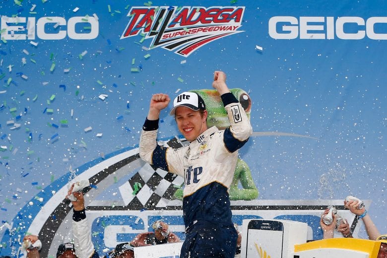 TALLADEGA, AL - MAY 01:  Brad Keselowski, driver of the #2 Miller Lite Ford, celebrates in Victory Lane after winning the NASCAR Sprint Cup Series GEICO 500 at Talladega Superspeedway on May 1, 2016 in Talladega, Alabama.  (Photo by Jonathan Ferrey/Getty Images) | Getty Images