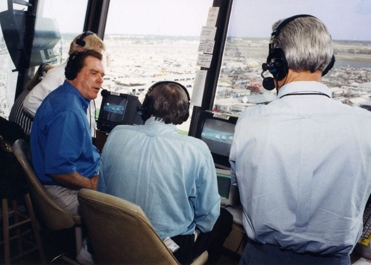 UNKNOWN: (L-R) Buddy Baker, Ken Squier and Ned Jarrett call the action for television during a NASCAR race. (Photo by ISC Images & Archives via Getty Images)