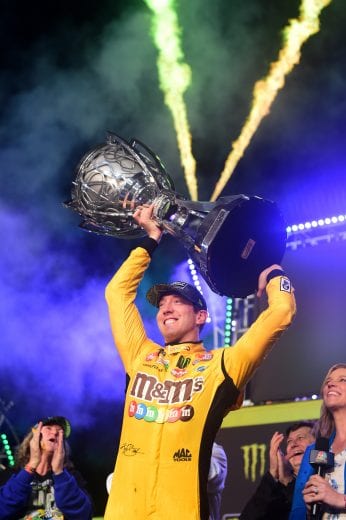 HOMESTEAD, FLORIDA - NOVEMBER 17: Kyle Busch, driver of the #18 M&M's Toyota, celebrates in Victory Lane after winning the Monster Energy NASCAR Cup Series Ford EcoBoost 400 and the Monster Energy NASCAR Cup Series Championship at Homestead Speedway on November 17, 2019 in Homestead, Florida. (Photo by Jared C. Tilton/Getty Images) | Getty Images
