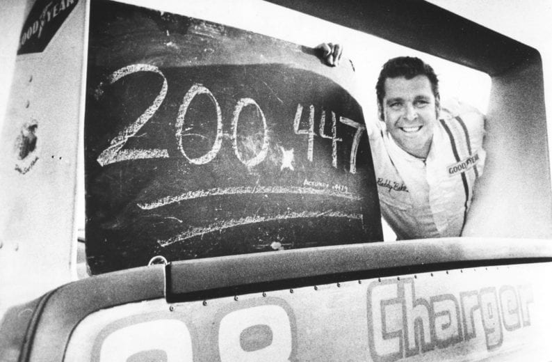 TALLADEGA, AL - MARCH 24, 1970: Buddy Baker becomes the first driver to post a test-run speed faster than 200 mph in a stock car, doing so at Talladega Superspeedway in Talladega, Alabama. (Photo by ISC Archives/CQ-Roll Call Group via Getty Images)