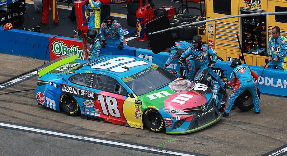 TALLADEGA, ALABAMA - OCTOBER 14: Kyle Busch, driver of the #18 M&M's Hazelnut Toyota, pits during the Monster Energy NASCAR Cup Series 1000Bulbs.com 500 at Talladega Superspeedway on October 14, 2019 in Talladega, Alabama. (Photo by Sean Gardner/Getty Images) | Getty Images