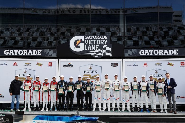 #10 Konica Minolta Cadillac DPi-V.R. Cadillac DPi, DPi: Renger Van Der Zande, Ryan Briscoe, Scott Dixon, Kamui Kobayashi, podium, #24 BMW Team RLL BMW M8 GTE, GTLM: John Edwards, Augusto Farfus, Chaz Mostert, Jesse Krohn, #81 DragonSpeed USA ORECA LMP2 07, LMP2: Ben Hanley, Henrik Hedman, Colin Braun, Harrison Newey, #48 Paul Miller Racing Lamborghini Huracan GT3, GTD: Madison Snow, Bryan Sellers, Corey Lewis, Andrea Caldarelli