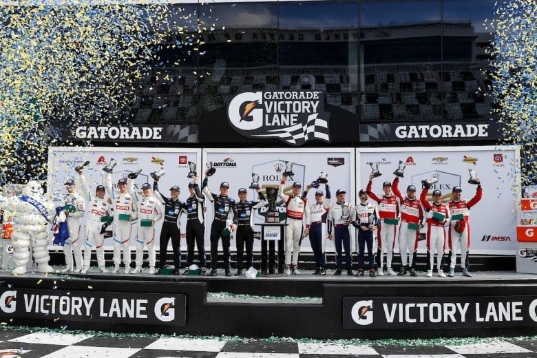 #24 BMW Team RLL BMW M8 GTE, GTLM: John Edwards, Augusto Farfus, Chaz Mostert, Jesse Krohn, #10 Konica Minolta Cadillac DPi-V.R. Cadillac DPi, DPi: Renger Van Der Zande, Ryan Briscoe, Scott Dixon, Kamui Kobayashi, #52 PR1 Mathiasen Motorsports ORECA LMP2 07, LMP2: Ben Keating, Simon Trummer, Gabriel Aubry, Nick Boulle, #48 Paul Miller Racing Lamborghini Huracan GT3, GTD: Madison Snow, Bryan Sellers, Corey Lewis, Andrea Caldarelli, podium, Michelin Endurance Cup