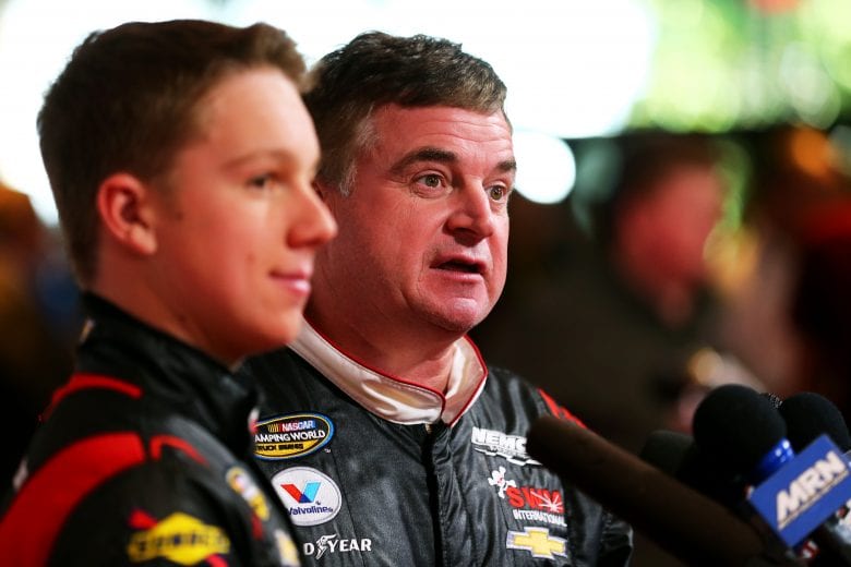 DAYTONA BEACH, FL - FEBRUARY 12: NASCAR Camping World Truck Series drivers John Hunter (L) and Joe Nemechek speak to the media during the 2015 NASCAR Media Day at Daytona International Speedway on February 12, 2015 in Daytona Beach, Florida. (Photo by Maddie Meyer/Getty Images) | Getty Images