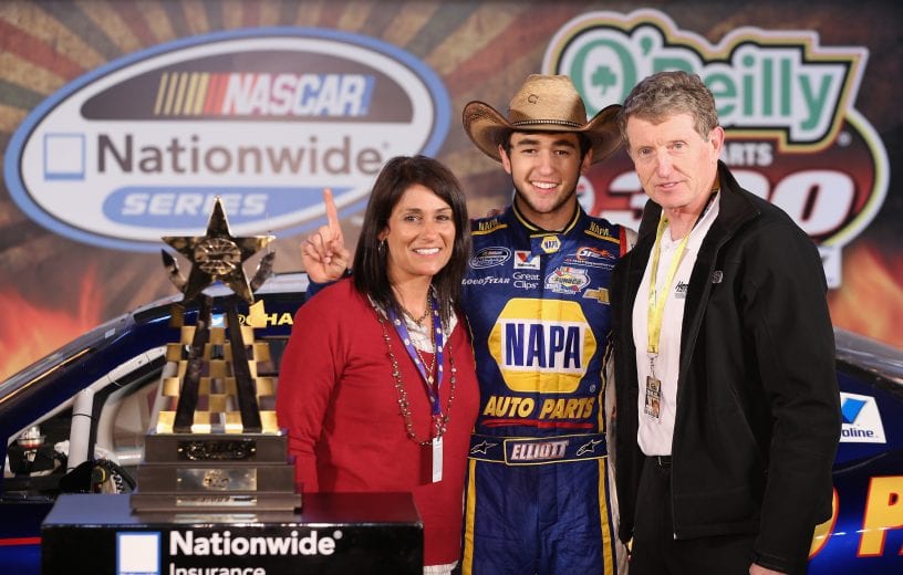 FORT WORTH, TX - APRIL 04: Chase Elliott, driver of the #9 NAPA Auto Parts Chevrolet, celebrates in victory lane after winning his parents Cindy (L) and Bill (R) the NASCAR Nationwide Series O'Reilly Auto Parts 300 at Texas Motor Speedway on April 4, 2014 in Fort Worth, Texas. (Photo by Chris Graythen/Getty Images for Texas Motor Speedway) | Getty Images