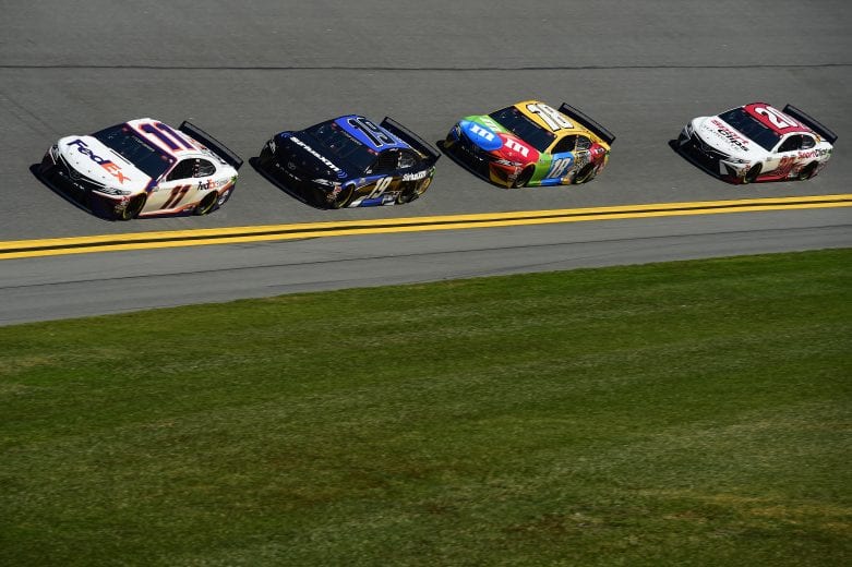 DAYTONA BEACH, FLORIDA - FEBRUARY 08: Denny Hamlin, driver of the #11 FedEx Express Toyota, leads Martin Truex Jr., driver of the #19 SiriusXM Toyota, Kyle Busch, driver of the #18 M&M's Toyota, and Erik Jones, driver of the #20 Sport Clips Toyota, during practice for the NASCAR Cup Series Busch Clash at Daytona International Speedway on February 08, 2020 in Daytona Beach, Florida. (Photo by Jared C. Tilton/Getty Images) | Getty Images
