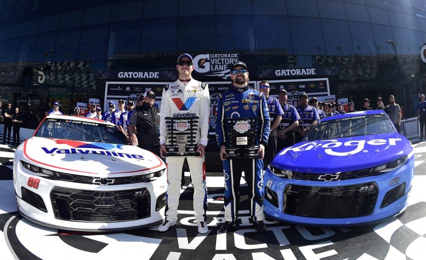 DAYTONA BEACH, FLORIDA - FEBRUARY 09: Ricky Stenhouse Jr., driver of the #47 Kroger Chevrolet, and Alex Bowman, driver of the #88 Valvoline Chevrolet, pose with the front row awards following qualifying for the NASCAR Cup Series 62nd Annual Daytona 500 at Daytona International Speedway on February 09, 2020 in Daytona Beach, Florida. Stenhouse Jr. posted the quickest lap during qualifying and will lead the field to the green flag. (Photo by Jared C. Tilton/Getty Images) | Getty Images