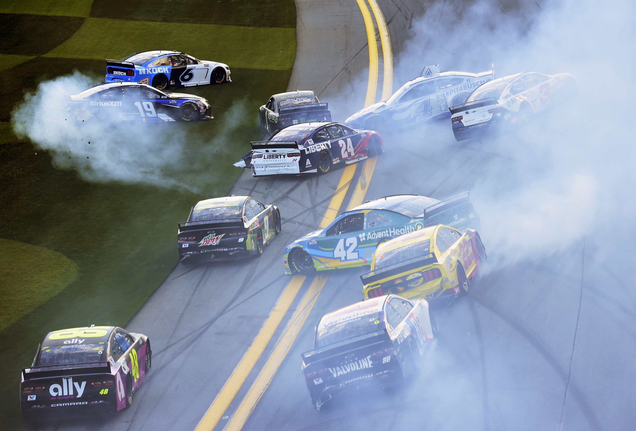 DAYTONA BEACH, FLORIDA - FEBRUARY 09: A majority of the drivers in the field are involved in an on-track incident during the NASCAR Cup Series Busch Clash at Daytona International Speedway on February 09, 2020 in Daytona Beach, Florida. (Photo by Jared C. Tilton/Getty Images) | Getty Images