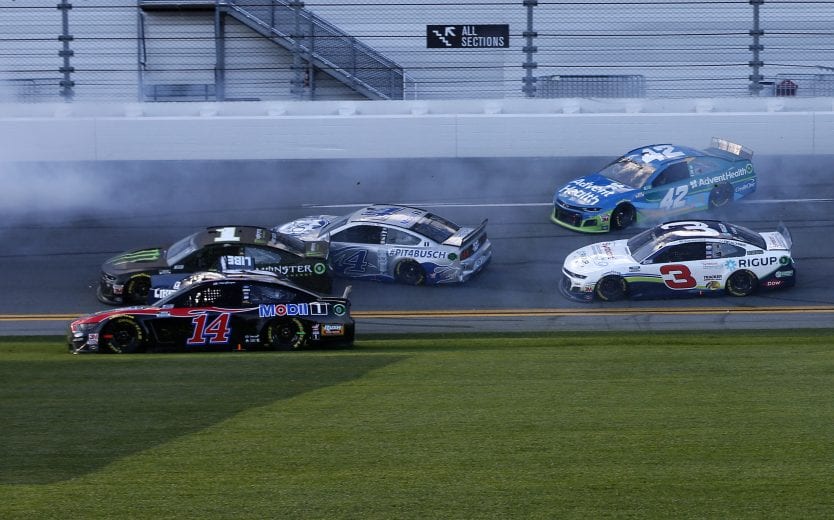 DAYTONA BEACH, FLORIDA - FEBRUARY 09: Clint Bowyer, driver of the #14 Mobil 1 Ford, Kurt Busch, driver of the #1 Monster Energy Chevrolet, Kevin Harvick, driver of the #4 Busch Light #PIT4BUSCH Ford, Austin Dillon, driver of the #3 Symbicort/Rig Up Chevrolet, and Kyle Larson, driver of the #42 Advent Health Chevrolet, are involved in an on-track incident during the NASCAR Cup Series Busch Clash at Daytona International Speedway on February 09, 2020 in Daytona Beach, Florida. (Photo by Brian Lawdermilk/Getty Images) | Getty Images