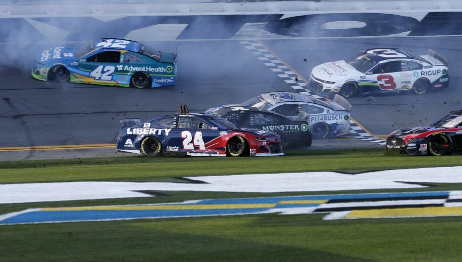 DAYTONA BEACH, FLORIDA - FEBRUARY 09: Kyle Larson, driver of the #42 Advent Health Chevrolet, William Byron, driver of the #24 Liberty University Chevrolet, Kurt Busch, driver of the #1 Monster Energy Chevrolet, Kevin Harvick, driver of the #4 Busch Light #PIT4BUSCH Ford, and Austin Dillon, driver of the #3 Symbicort/Rig Up Chevrolet, are involved in an on-track incident during the NASCAR Cup Series Busch Clash at Daytona International Speedway on February 09, 2020 in Daytona Beach, Florida. (Photo by Brian Lawdermilk/Getty Images) | Getty Images