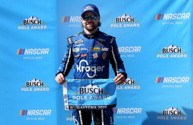 DAYTONA BEACH, FLORIDA - FEBRUARY 09: Ricky Stenhouse Jr., driver of the #47 Kroger Chevrolet, poses with the Busch Pole Award  after qualifying for the NASCAR Cup Series 62nd Annual Daytona 500 at Daytona International Speedway on February 09, 2020 in Daytona Beach, Florida. (Photo by Brian Lawdermilk/Getty Images) | Getty Images