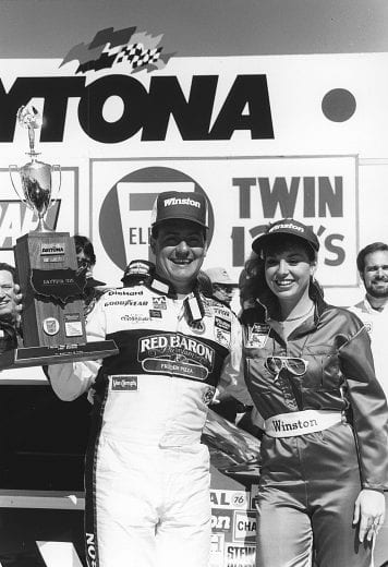 DAYTONA BEACH, FL — February 12, 1987:  Ken Schrader in victory lane at Daytona International Speedway after scoring an upset victory in the first 7-Eleven Twin 125 qualifying race for the Daytona 500.  It was Schrader’s first visit to victory lane in his Cup career and the first time a Junie Donlavey-owned car had won a Cup event since Jody Ridley did so for Donlavey at Dover, DE, in 1981.  (Photo by ISC Images & Archives via Getty Images)