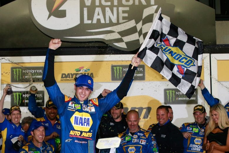 DAYTONA BEACH, FL - FEBRUARY 23:  Chase Elliott, driver of the #24 NAPA Chevrolet, celebrates in Victory Lane after winning the Monster Energy NASCAR Cup Series Can-Am Duel 1 at Daytona International Speedway on February 23, 2017 in Daytona Beach, Florida.  (Photo by Sean Gardner/Getty Images) | Getty Images