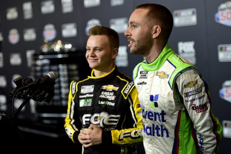 DAYTONA BEACH, FLORIDA - FEBRUARY 12: Justin Haley, driver of the #16 Fraternal Order of Eagles Chevrolet, and Ross Chastain, driver of the #77 AdventHealth Chevrolet, speak with the media during the NASCAR Cup Series 62nd Annual Daytona 500 Media Day at Daytona International Speedway on February 12, 2020 in Daytona Beach, Florida. (Photo by Jared C. Tilton/Getty Images) | Getty Images