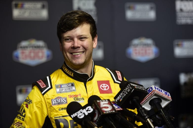DAYTONA BEACH, FLORIDA - FEBRUARY 12: Erik Jones, driver of the #20 DEWALT Toyota, speaks with the media during the NASCAR Cup Series 62nd Annual Daytona 500 Media Day at Daytona International Speedway on February 12, 2020 in Daytona Beach, Florida. (Photo by Jared C. Tilton/Getty Images) | Getty Images