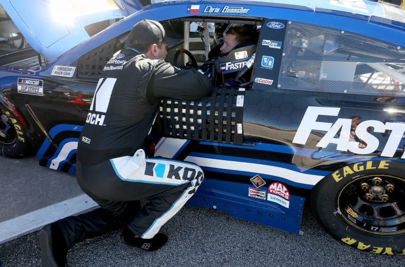 DAYTONA BEACH, FLORIDA - FEBRUARY 08: Ryan Newman, driver of the #6 Koch Industries Ford, talks with Chris Buescher, driver of the #17 Fastenal Ford, during practice for the NASCAR Cup Series 62nd Annual Daytona 500 at Daytona International Speedway on February 08, 2020 in Daytona Beach, Florida. (Photo by Brian Lawdermilk/Getty Images) | Getty Images