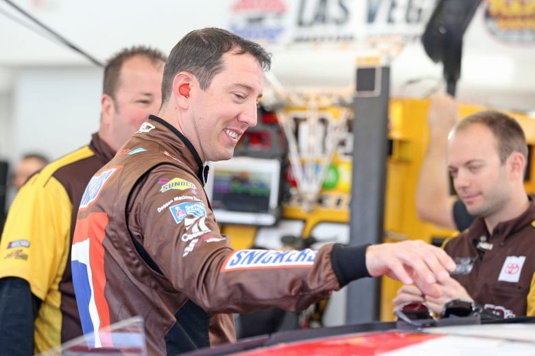 LAS VEGAS, NEVADA - FEBRUARY 21: Kyle Busch, driver of the #18 Snickers White Toyota, talks with crew members during practice for NASCAR Cup Series Penzoil 400 presented by Jiffy Lube at Las Vegas Motor Speedway on February 21, 2020 in Las Vegas, Nevada. (Photo by Matt Sullivan/Getty Images) | Getty Images