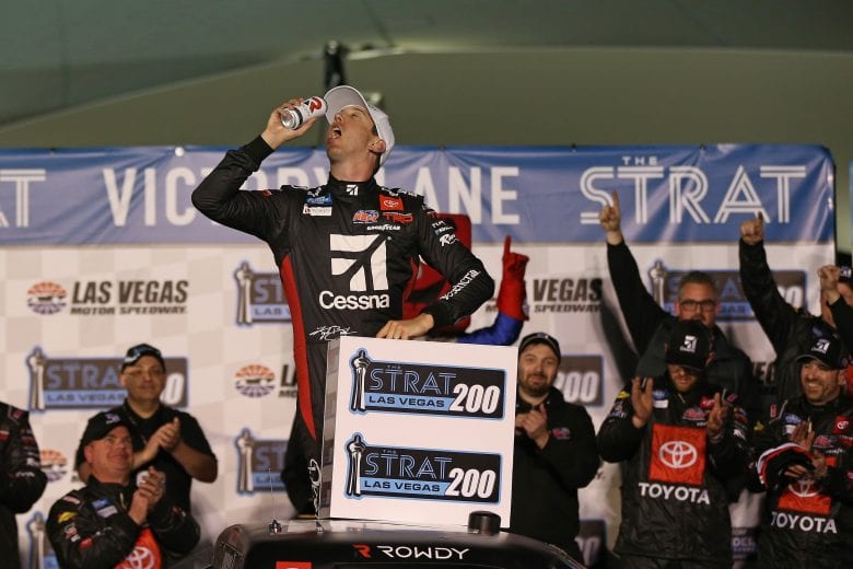 LAS VEGAS, NEVADA - FEBRUARY 21: Kyle Busch, driver of the #51 Cessna Toyota, celebrates in Victory Lane after winning the the NASCAR Gander RV & Outdoors Truck Series Strat 200 at Las Vegas Motor Speedway on February 21, 2020 in Las Vegas, Nevada. (Photo by Matt Sullivan/Getty Images) | Getty Images