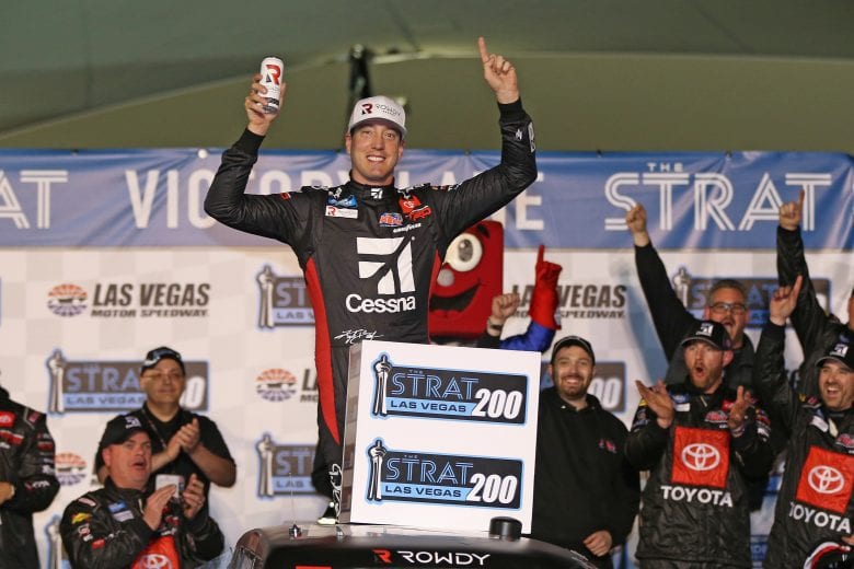 LAS VEGAS, NEVADA - FEBRUARY 21: Kyle Busch, driver of the #51 Cessna Toyota, celebrates in Victory Lane after winning the the NASCAR Gander RV & Outdoors Truck Series Strat 200 at Las Vegas Motor Speedway on February 21, 2020 in Las Vegas, Nevada. (Photo by Matt Sullivan/Getty Images) | Getty Images