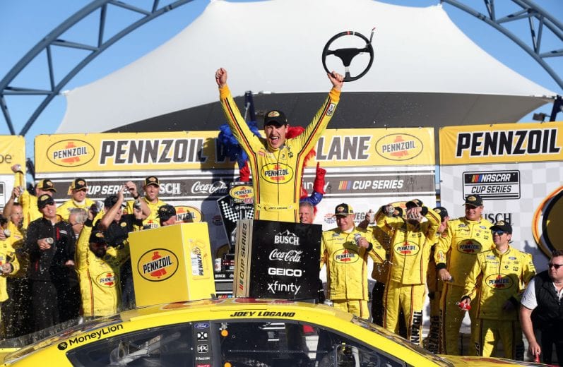 LAS VEGAS, NEVADA - FEBRUARY 23: Joey Logano, driver of the #22 Pennzoil Ford, celebrates in Victory Lane after winning the NASCAR Cup Series Pennzoil 400 at Las Vegas Motor Speedway on February 23, 2020 in Las Vegas, Nevada. (Photo by Matt Sullivan/Getty Images) | Getty Images