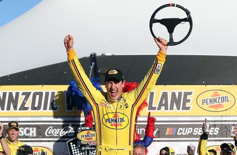 LAS VEGAS, NEVADA - FEBRUARY 23: Joey Logano, driver of the #22 Pennzoil Ford, celebrates in Victory Lane after winning the NASCAR Cup Series Pennzoil 400 at Las Vegas Motor Speedway on February 23, 2020 in Las Vegas, Nevada. (Photo by Matt Sullivan/Getty Images) | Getty Images