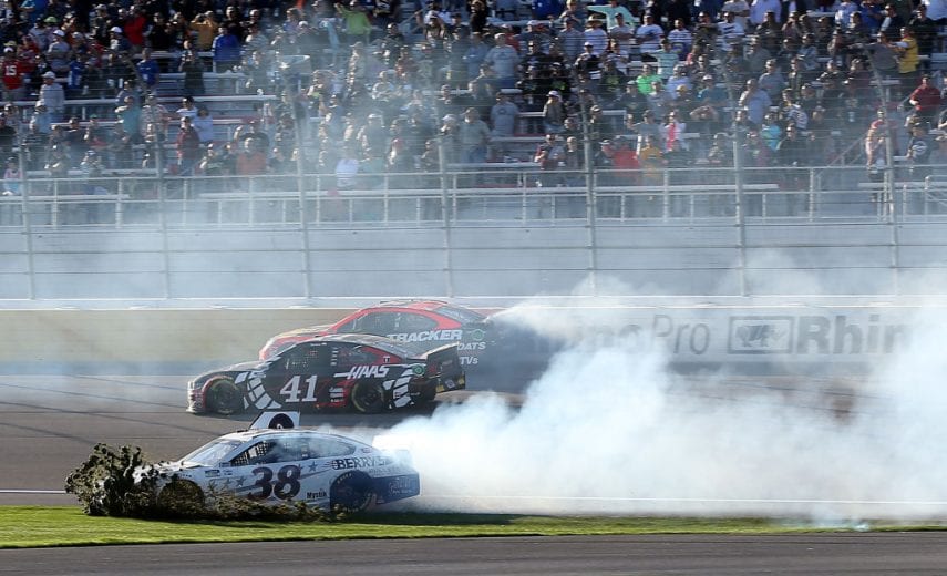 LAS VEGAS, NEVADA - FEBRUARY 23: John Hunter Nemechek, driver of the #38 Berry's Bullets Ford, wrecks during the NASCAR Cup Series Pennzoil 400 at Las Vegas Motor Speedway on February 23, 2020 in Las Vegas, Nevada. (Photo by Matt Sullivan/Getty Images) | Getty Images