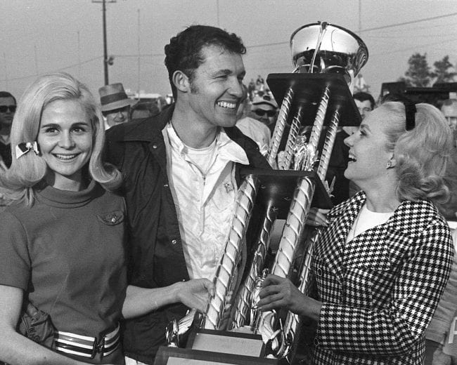 RIVERSIDE, CA — February 1, 1969:  Richard Petty and Petty Enterprises shocked their long-time Chrysler faithful by switching to Ford for the NASCAR Cup season.  Petty wasted little time getting accustomed to his new ride, putting his Torino Cobra into victory lane at Riverside International Raceway in the Motor Trend 500.  (Photo by ISC Images & Archives via Getty Images)