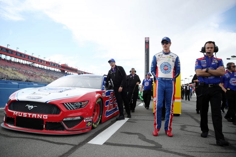 FONTANA, CALIFORNIA - FEBRUARY 29: Joey Logano, driver of the #22 AAA Southern California Ford, stands by his car before qualifying for the NASCAR Cup Series Auto Club 400 at Auto Club Speedway on February 29, 2020 in Fontana, California. (Photo by Katelyn Mulcahy/Getty Images) | Getty Images