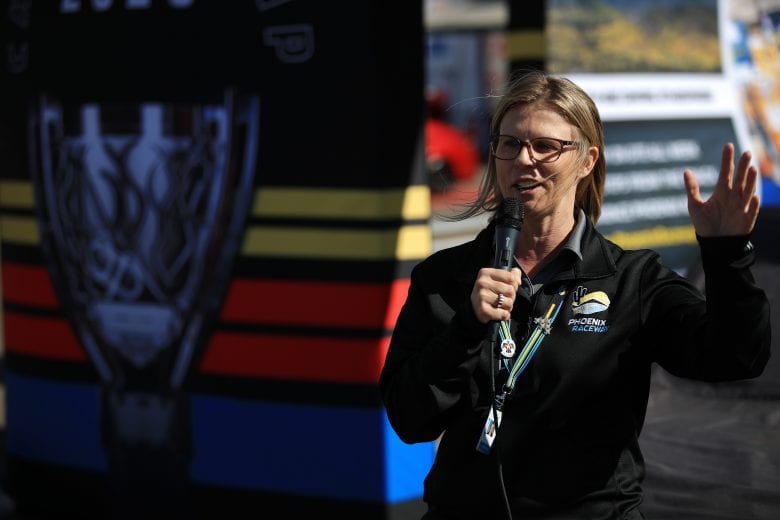 AVONDALE, ARIZONA - MARCH 06: Phoenix Raceway president Julie Giese unveils the new logo for Championship Weekend at Phoenix at Phoenix Raceway on March 06, 2020 in Avondale, Arizona. (Photo by Chris Graythen/Getty Images) | Getty Images