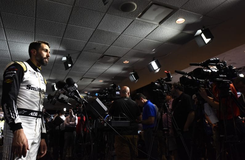 DAYTONA BEACH, FLORIDA - FEBRUARY 12: Aric Almirola, driver of the #10 Smithfield Ford, speaks with the media during the NASCAR Cup Series 62nd Annual Daytona 500 Media Day at Daytona International Speedway on February 12, 2020 in Daytona Beach, Florida. (Photo by Jared C. Tilton/Getty Images) | Getty Images