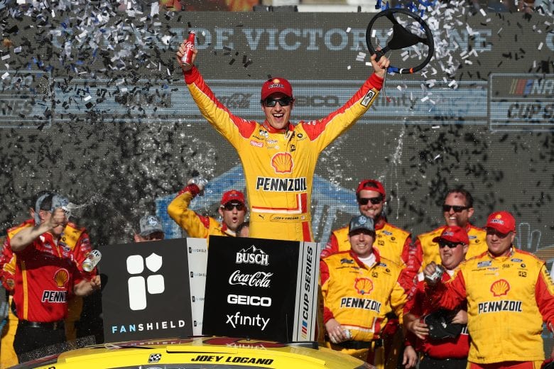 AVONDALE, ARIZONA - MARCH 08: Joey Logano, driver of the #22 Shell Pennzoil Ford, celebrates in Victory Lane after winning the NASCAR Cup Series FanShield 500 at Phoenix Raceway on March 08, 2020 in Avondale, Arizona. (Photo by Christian Petersen/Getty Images) | Getty Images